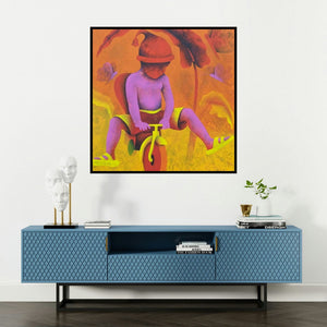 'Athkheliyan 12' painting by Lakhan Singh Jat shown on a wall in a furnished room.