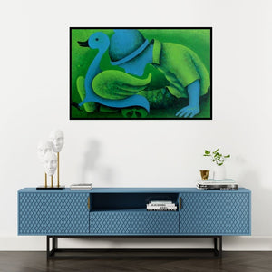 Preview of 'Athkheliyan 44 (Contemplative Companions)' Painting by Lakhan Singh Jat shown on a wall in a furnished room.