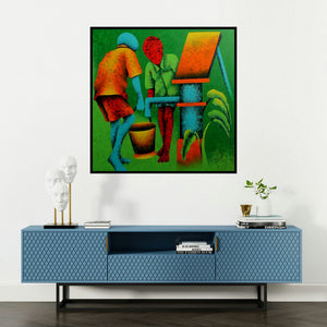 'Athkheliyan 55 (A Shared Resource)' painting by Lakhan Singh Jat shown on a wall in a furnished room.