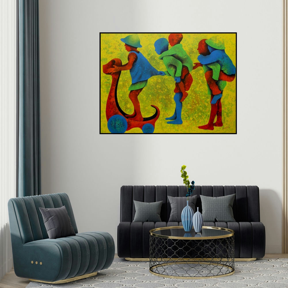 Lakhan Singh Jat's 'Athkheliyan 56' painting visualized above a sofa in a contemporary room.