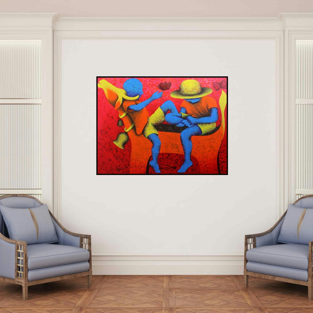 'Athkheliyan 59 (Conversations in Carmine)' painting by Lakhan Singh Jat shown on a wall in a furnished room.