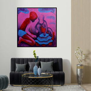 Lakhan Singh Jat's 'Athkheliyan 64 (Shared Discovery)' painting visualized above a sofa in a contemporary room.