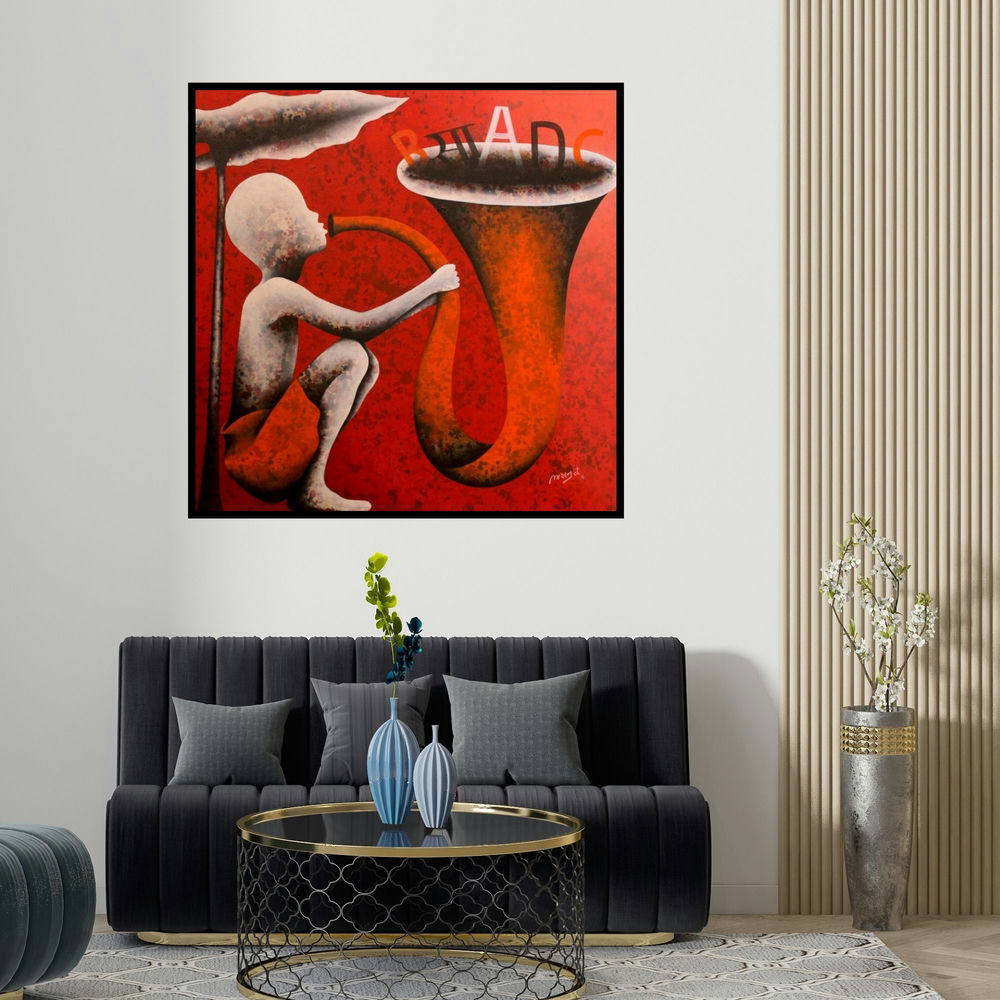 Lakhan Singh Jat's 'Athkheliyan 75 (Literary Resonance)' painting visualized above a sofa in a contemporary room.