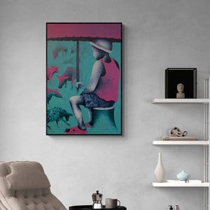 Preview of 'Athkheliyan 78' Painting by Lakhan Singh Jat shown on a wall in a furnished room.