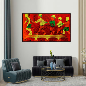 Lakhan Singh Jat's 'Athkheliyan 81 (Steps of Trust)' painting visualized above a sofa in a contemporary room.