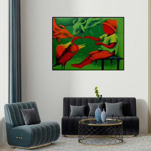 Lakhan Singh Jat's 'Athkheliyan 82' painting visualized above a sofa in a contemporary room.