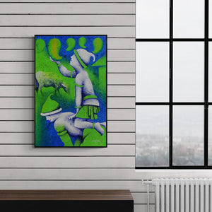 Preview of 'Athkheliyan 89' Painting by Lakhan Singh Jat shown on a wall in a furnished room.