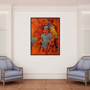 In-situ view of Lakhan Singh Jat's 'Athkheliyan 91' painting in a room