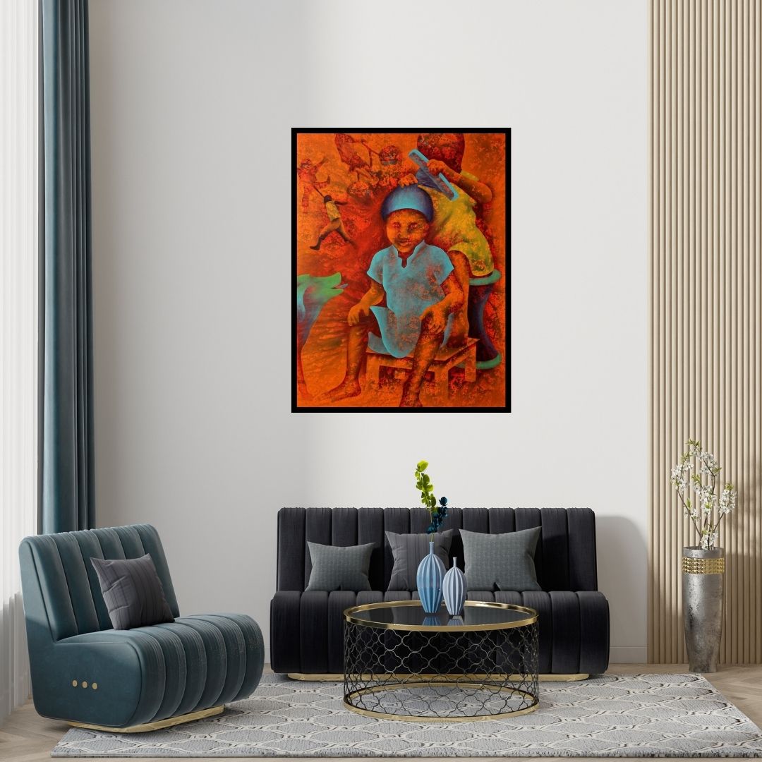 Preview of 'Athkheliyan 91' Painting by Lakhan Singh Jat shown on a wall in a furnished room.