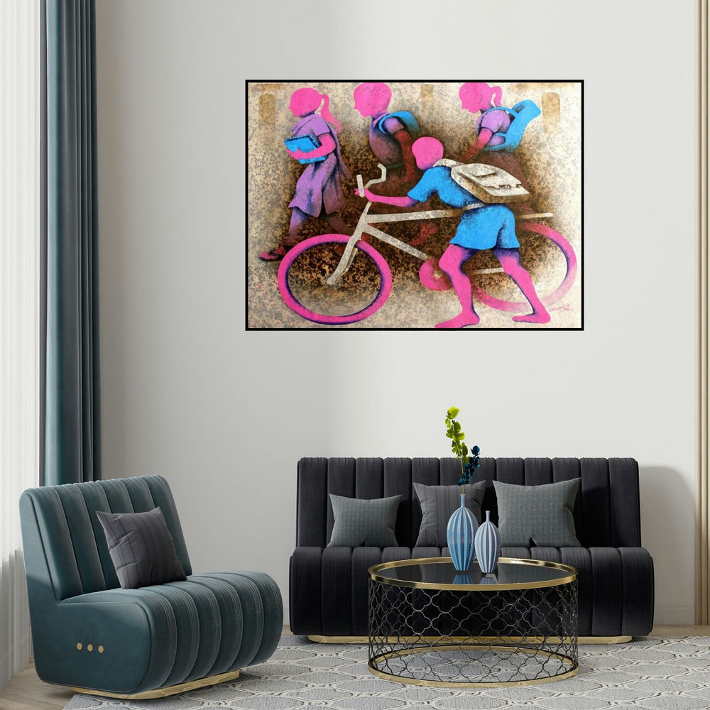 Lakhan Singh Jat's 'Athkheliyan 95 (Morning Commute)' painting visualized above a sofa in a contemporary room.