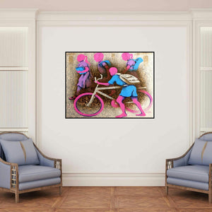 'Athkheliyan 95 (Morning Commute)' painting by Lakhan Singh Jat shown on a wall in a furnished room.