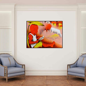 'Athkheliyan 96 (A World Unveiled)' painting by Lakhan Singh Jat shown on a wall in a furnished room.