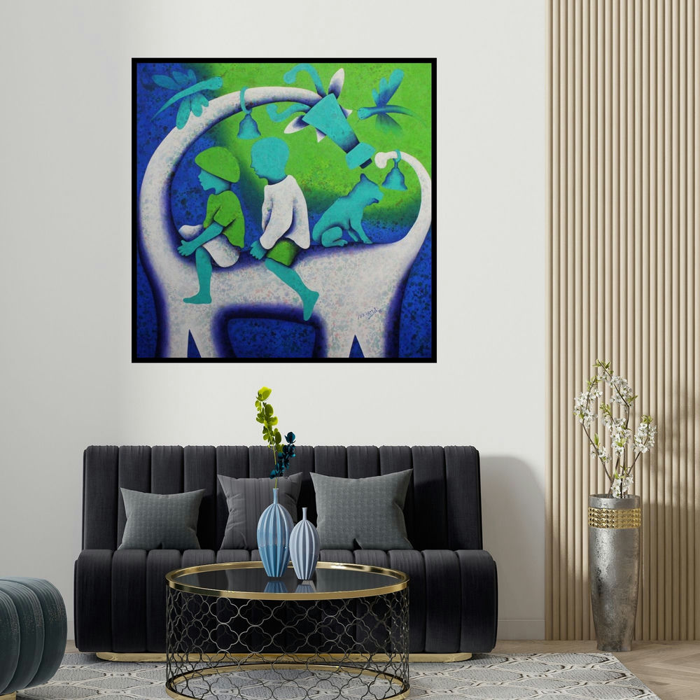 Lakhan Singh Jat's 'Athkheliyan 99 (Innocent Explorations)' painting visualized above a sofa in a contemporary room.