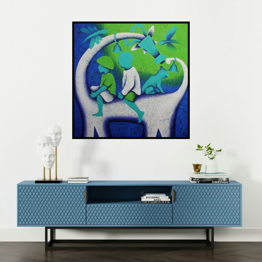 'Athkheliyan 99 (Innocent Explorations)' painting by Lakhan Singh Jat shown on a wall in a furnished room.