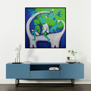 'Athkheliyan 99 (Innocent Explorations)' painting by Lakhan Singh Jat shown on a wall in a furnished room.