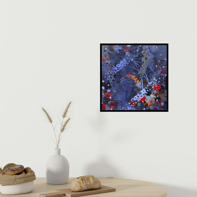 In-situ view of Asif Sharief Shaikh's 'Atmkhoj 1 (Abstract Composition in Blue and Red)' painting in a room