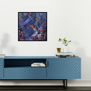 Preview of 'Atmkhoj 1 (Abstract Composition in Blue and Red)' Painting by Asif Sharief Shaikh shown on a wall in a furnished room.