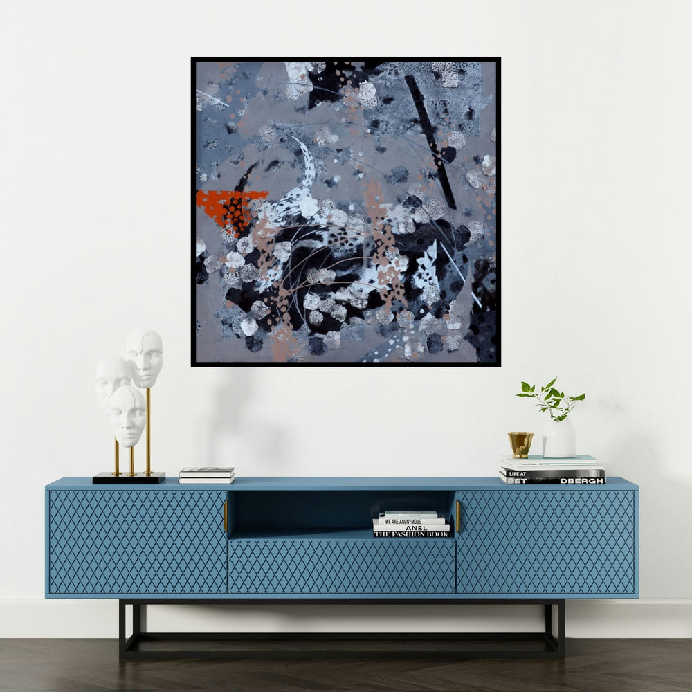 'Atmkhoj 10 (Abstract Composition in Grey and Orange)' painting by Asif Sharief Shaikh shown on a wall in a furnished room.