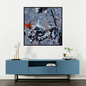 'Atmkhoj 10 (Abstract Composition in Grey and Orange)' painting by Asif Sharief Shaikh shown on a wall in a furnished room.