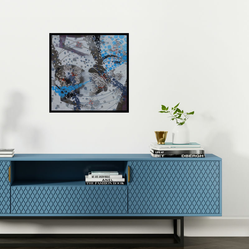 Preview of 'Atmkhoj 2 (Textured Abstract in Blue and Grey)' Painting by Asif Sharief Shaikh shown on a wall in a furnished room.