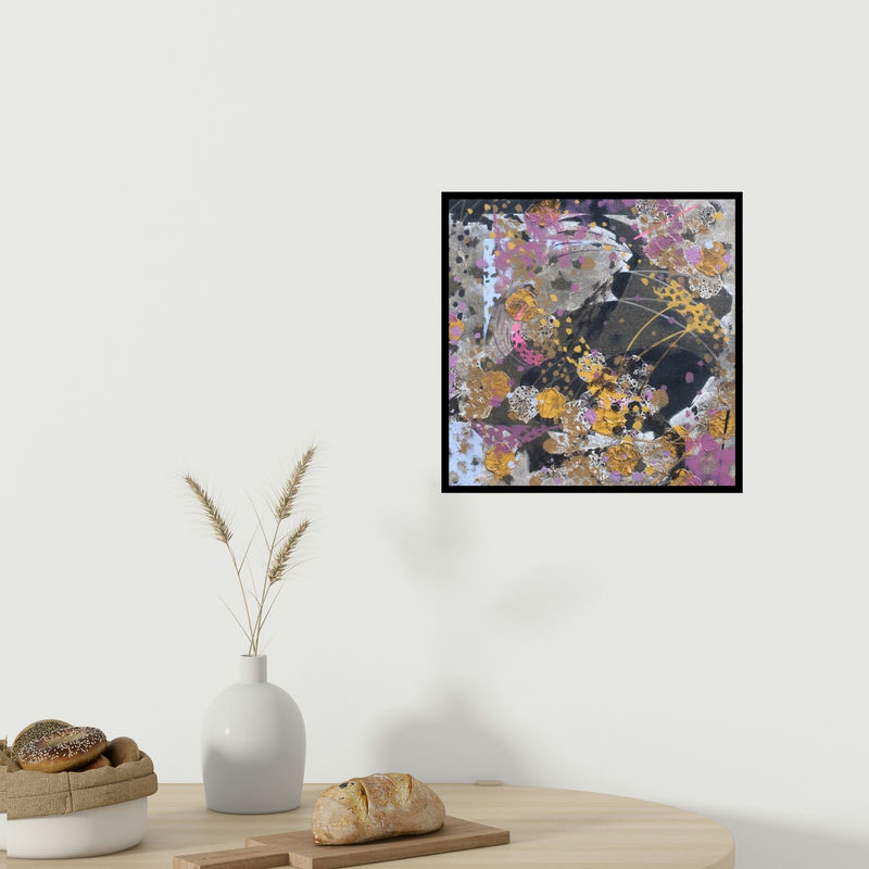 In-situ view of Asif Sharief Shaikh's 'Atmkhoj 3 (Abstract Floral in Gold and Purple)' painting in a room