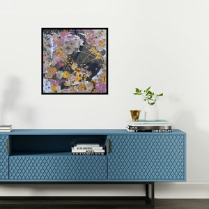 Preview of 'Atmkhoj 3 (Abstract Floral in Gold and Purple)' Painting by Asif Sharief Shaikh shown on a wall in a furnished room.