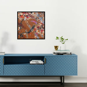 Preview of 'Atmkhoj 4 (Abstract in Brown and Red)' Painting by Asif Sharief Shaikh shown on a wall in a furnished room.
