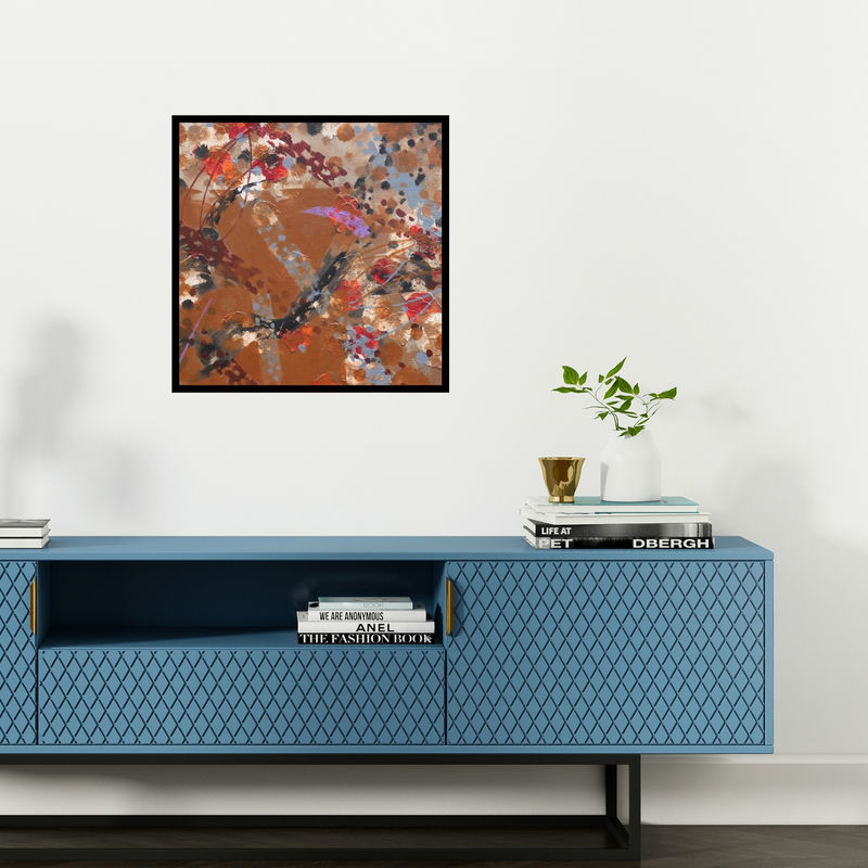 Preview of 'Atmkhoj 4 (Abstract in Brown and Red)' Painting by Asif Sharief Shaikh shown on a wall in a furnished room.