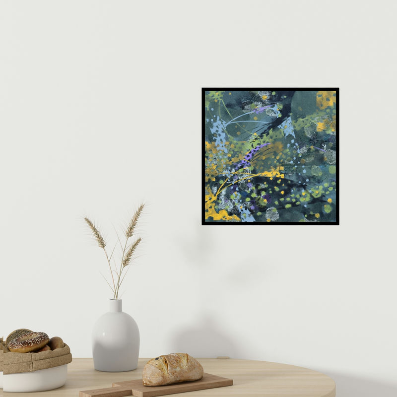 In-situ view of Asif Sharief Shaikh's 'Atmkhoj 5 (Abstract in Blue and Green)' painting in a room