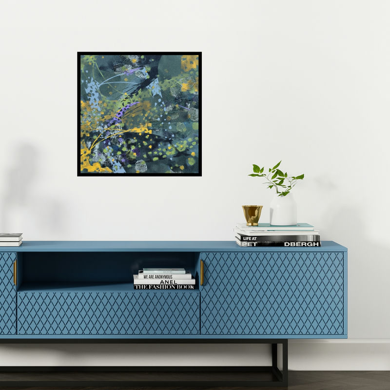Preview of 'Atmkhoj 5 (Abstract in Blue and Green)' Painting by Asif Sharief Shaikh shown on a wall in a furnished room.