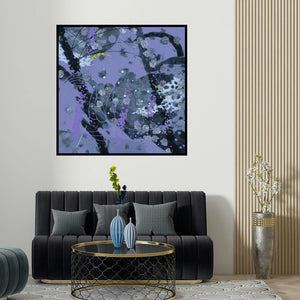 Asif Sharief Shaikh's 'Atmkhoj 7 (Abstract in Purple and Grey)' painting visualized above a sofa in a contemporary room.
