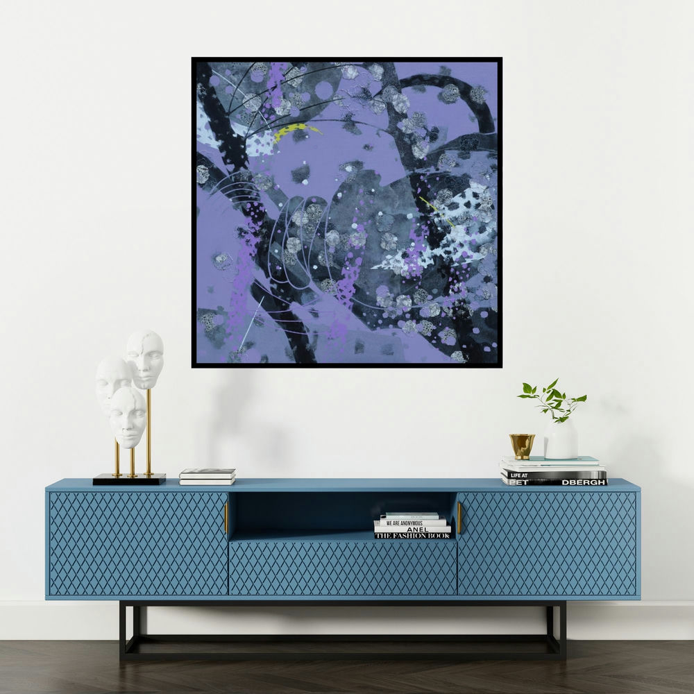 'Atmkhoj 7 (Abstract in Purple and Grey)' painting by Asif Sharief Shaikh shown on a wall in a furnished room.