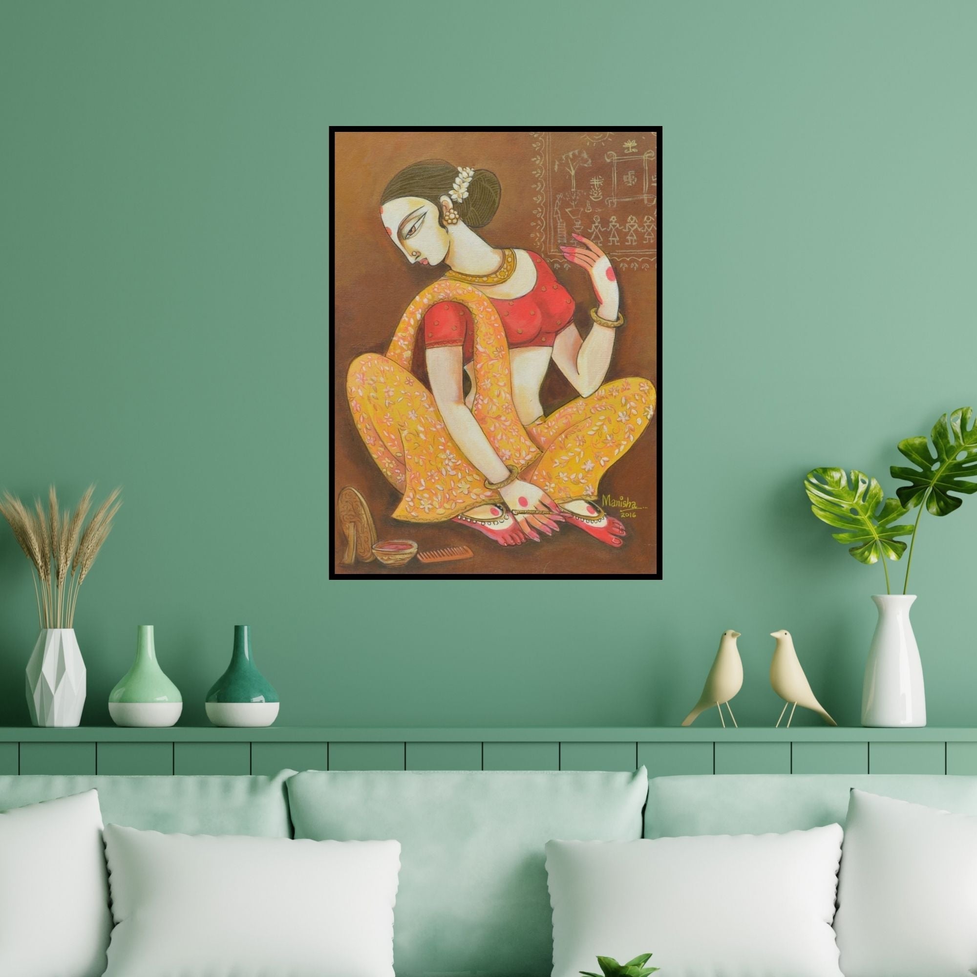 Preview of 'Atraction Of Beauty (Bridal Preparation)' Painting by Manisha Srivastava shown on a wall in a furnished room.