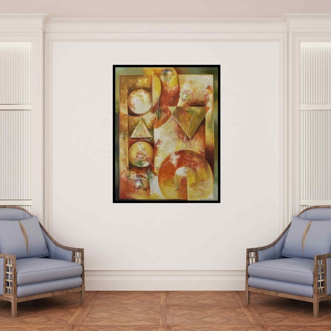 In-situ view of Durshit Bhaskar's 'Attachment (The Dance of Shapes)' painting in a room