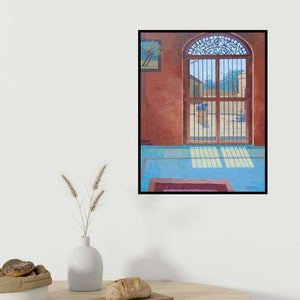 Mansing Jadhav's 'Aundh Mandir (Glimpse of Havelis)' painting visualized above a sofa in a contemporary room.