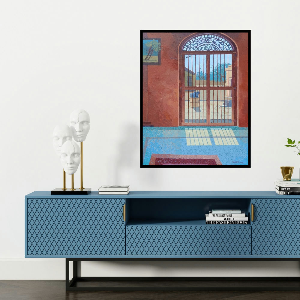 'Aundh Mandir (Glimpse of Havelis)' painting by Mansing Jadhav shown on a wall in a furnished room.