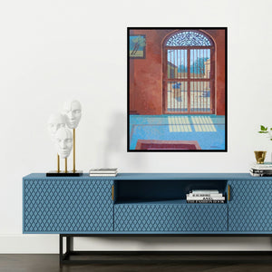 'Aundh Mandir (Glimpse of Havelis)' painting by Mansing Jadhav shown on a wall in a furnished room.