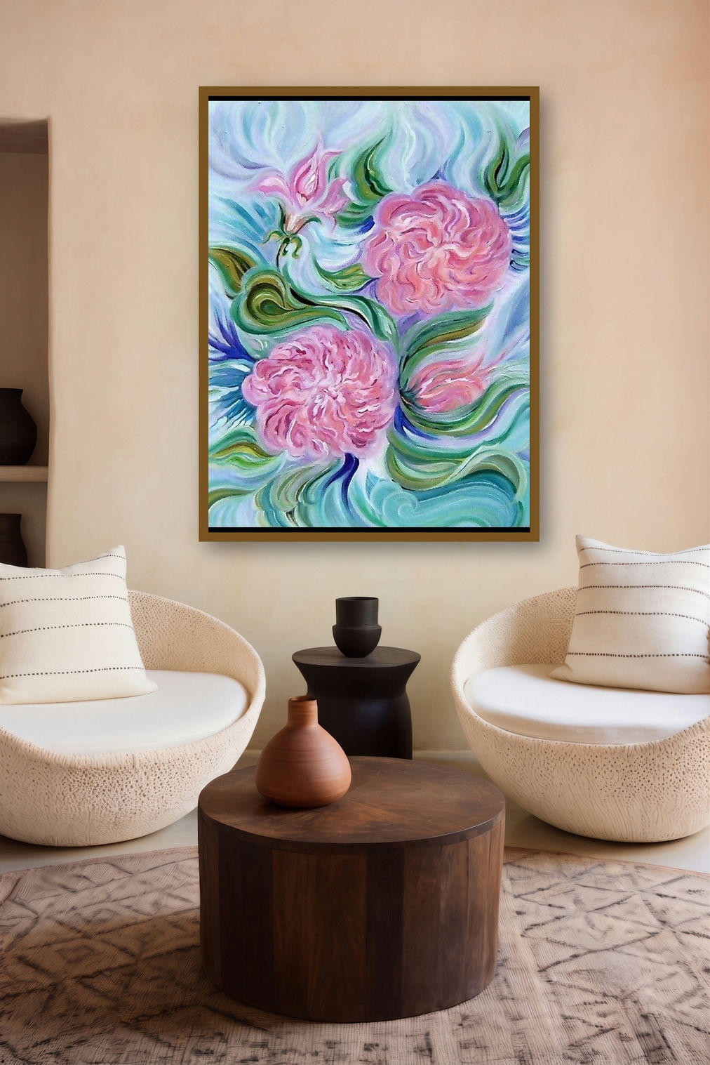 Aura Of Roses (Celestial Bloom) by artist Manju Lamba displayed in a Museum Style gallery