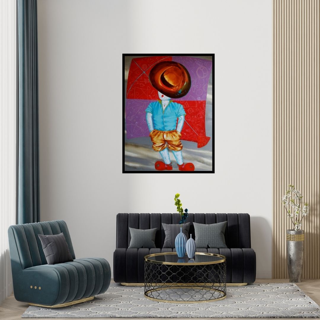Preview of 'The Aureole Of Childhood Ii' Painting by Shiv Kumar Soni shown on a wall in a furnished room.