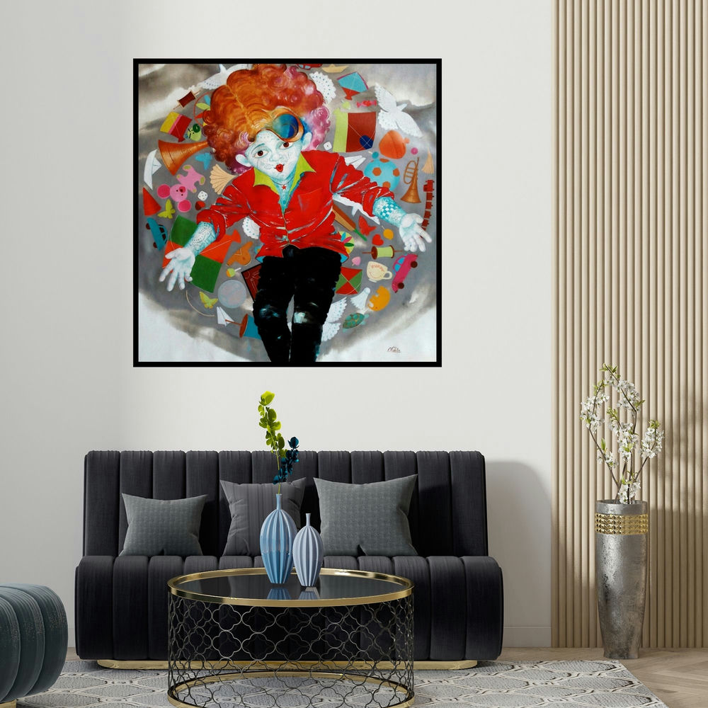 Shiv Kumar Soni's 'Aureole Of The Childhood Iii' painting visualized above a sofa in a contemporary room.