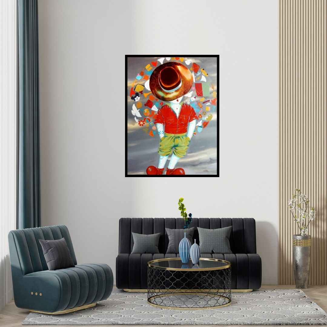 Preview of 'The Aureole Of Childhood' Painting by Shiv Kumar Soni shown on a wall in a furnished room.