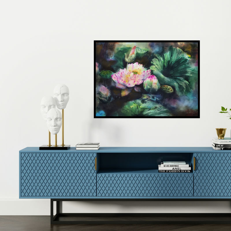 Preview of 'Auspicious Lotus (A Lotus Bloom)' Painting by Puja Kumar shown on a wall in a furnished room.