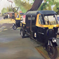 Cityscape oil painting titled 'Auto Stand', 36x48 inches, by artist Shagufta Mehdi on Canvas