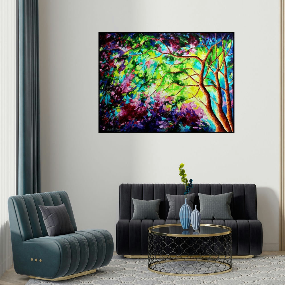 Bahadur Singh's 'Autumn 3 (Symphony of Trees)' painting visualized above a sofa in a contemporary room.