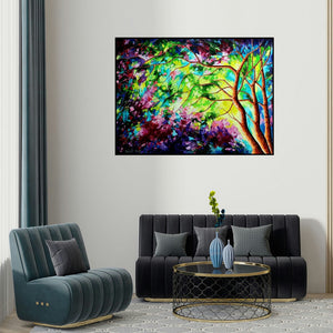 Bahadur Singh's 'Autumn 3 (Symphony of Trees)' painting visualized above a sofa in a contemporary room.