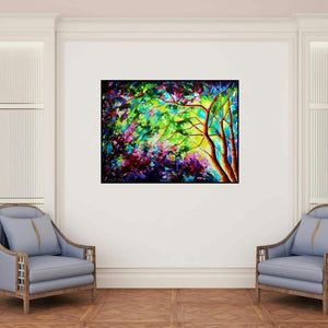 'Autumn 3 (Symphony of Trees)' painting by Bahadur Singh shown on a wall in a furnished room.
