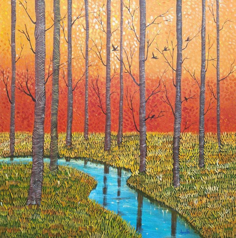 Autumn Whisper' nature acrylic painting by artist Anumitra Basu Mandal, 24x24 inch, on canvas
