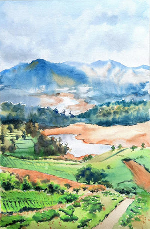 Avalanche Lake Ooty (Misty Morning in the Hills) by Lasya Upadhyaya, Original Watercolor Landscape Painting on Paper, Small Vertical Wall Art