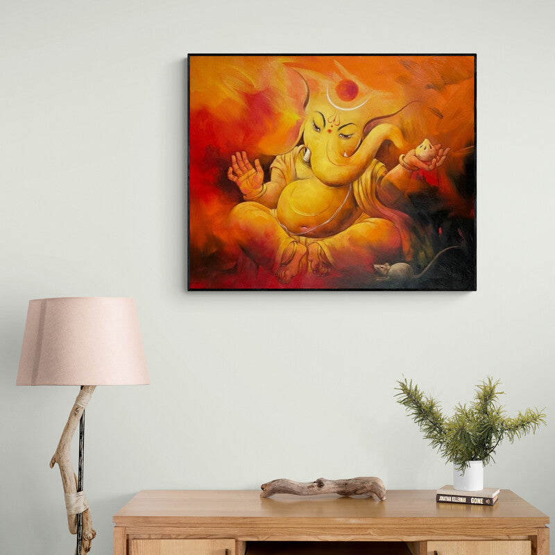 Preview of 'Avighna (Lord Ganesha)' Painting by Namdev M Patil shown on a wall in a furnished room.