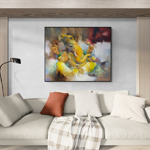 Preview of 'Avighna (Ganesha: Bestower of Divine Blessings)' Painting by Namdev M Patil shown on a wall in a furnished room.